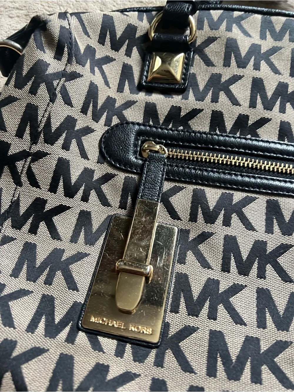 Michael Kors Calista Tan and Black MK Logo Satchel with Gold Hardware